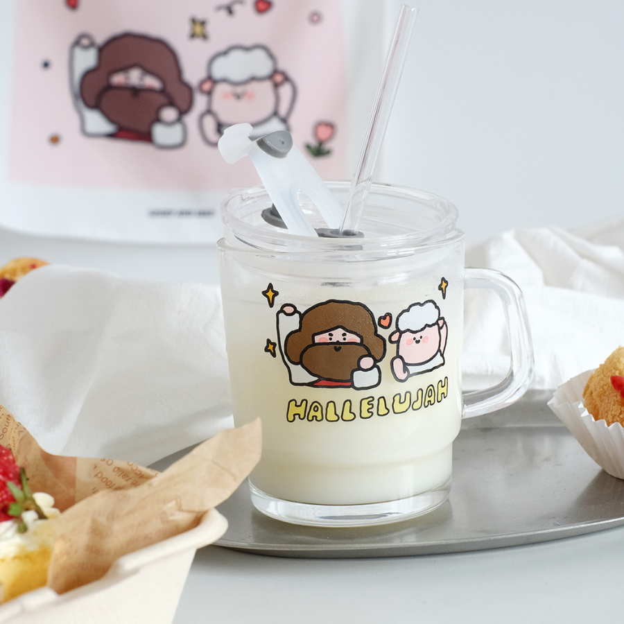 Close-up of Hallelujah Glass Cup with colorful design, 400ml