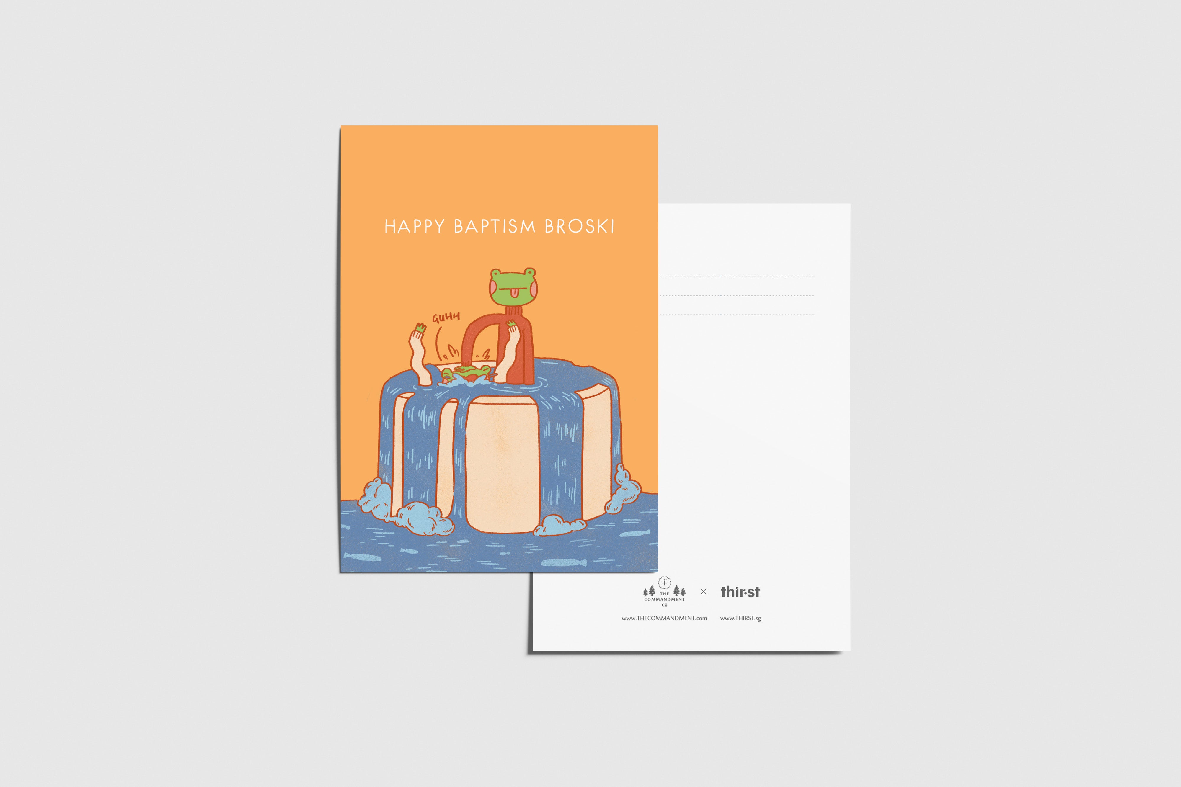 Happy Baptism Broski postcard with playful frog baptism illustration, designed by Thir.st in collaboration with The Commandment Co.