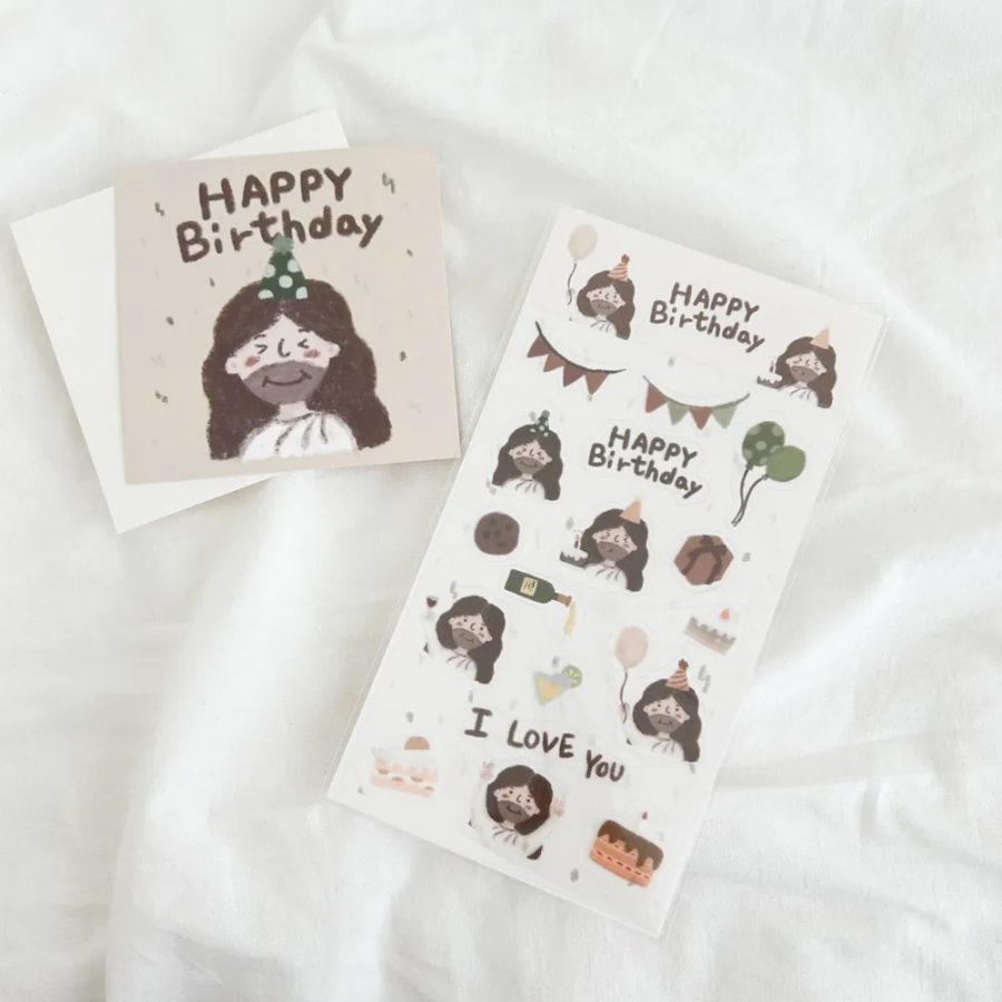 "Happy Birthday" sticker sheet and matching postcard featuring cute illustrations of Jesus, cakes, balloons, and party decorations, perfect for sharing Christian encouragement and simple happiness.