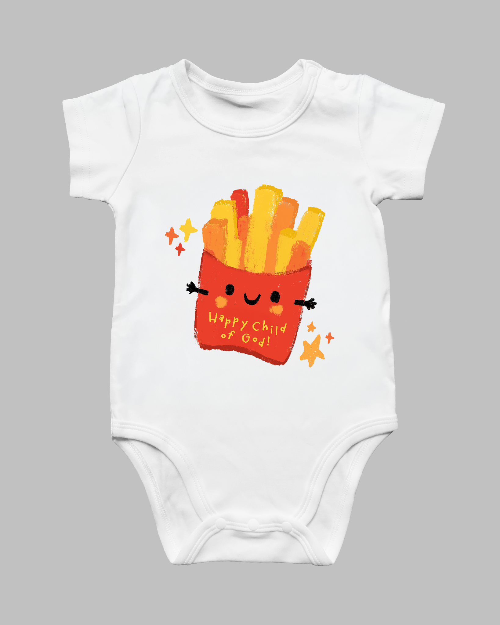 White Happy Child of God Christian baby romper with smiling fries illustration
