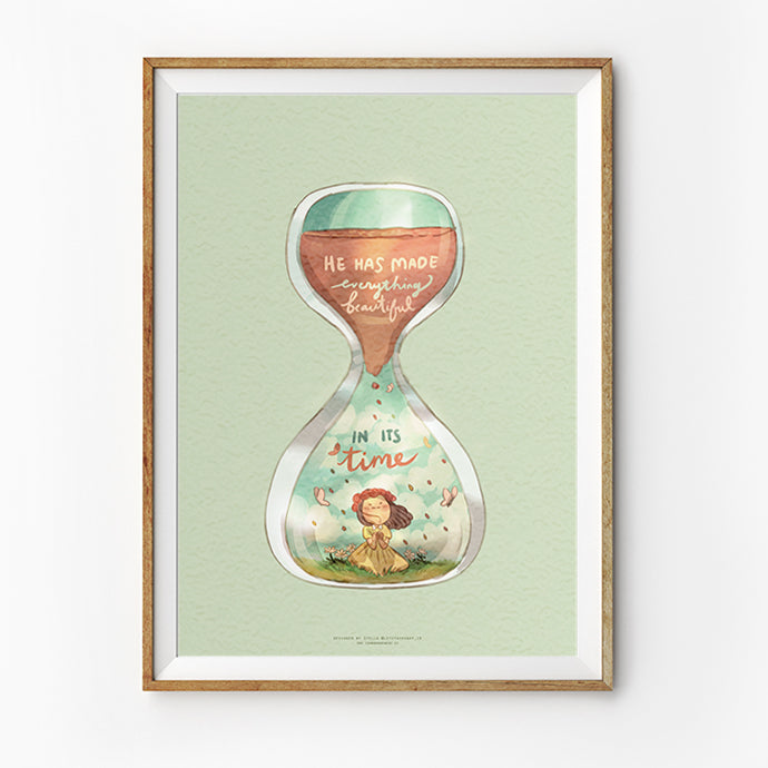 Christian wall art poster featuring an hourglass illustration with a girl surrounded by flowers and the quote “He has made everything beautiful in its time,” inspired by Ecclesiastes 3:11 (NLT). Encouraging Bible-themed artwork for home decor.