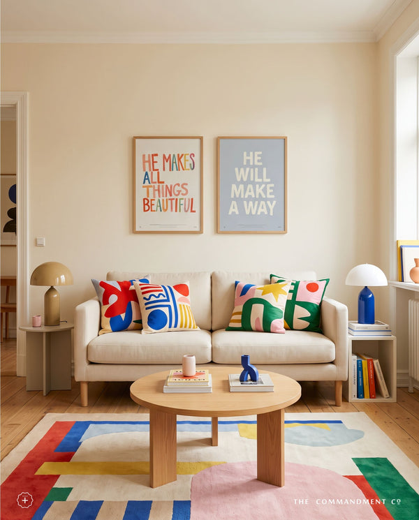 He Will Make a Way Christian poster styled in a colourful living room