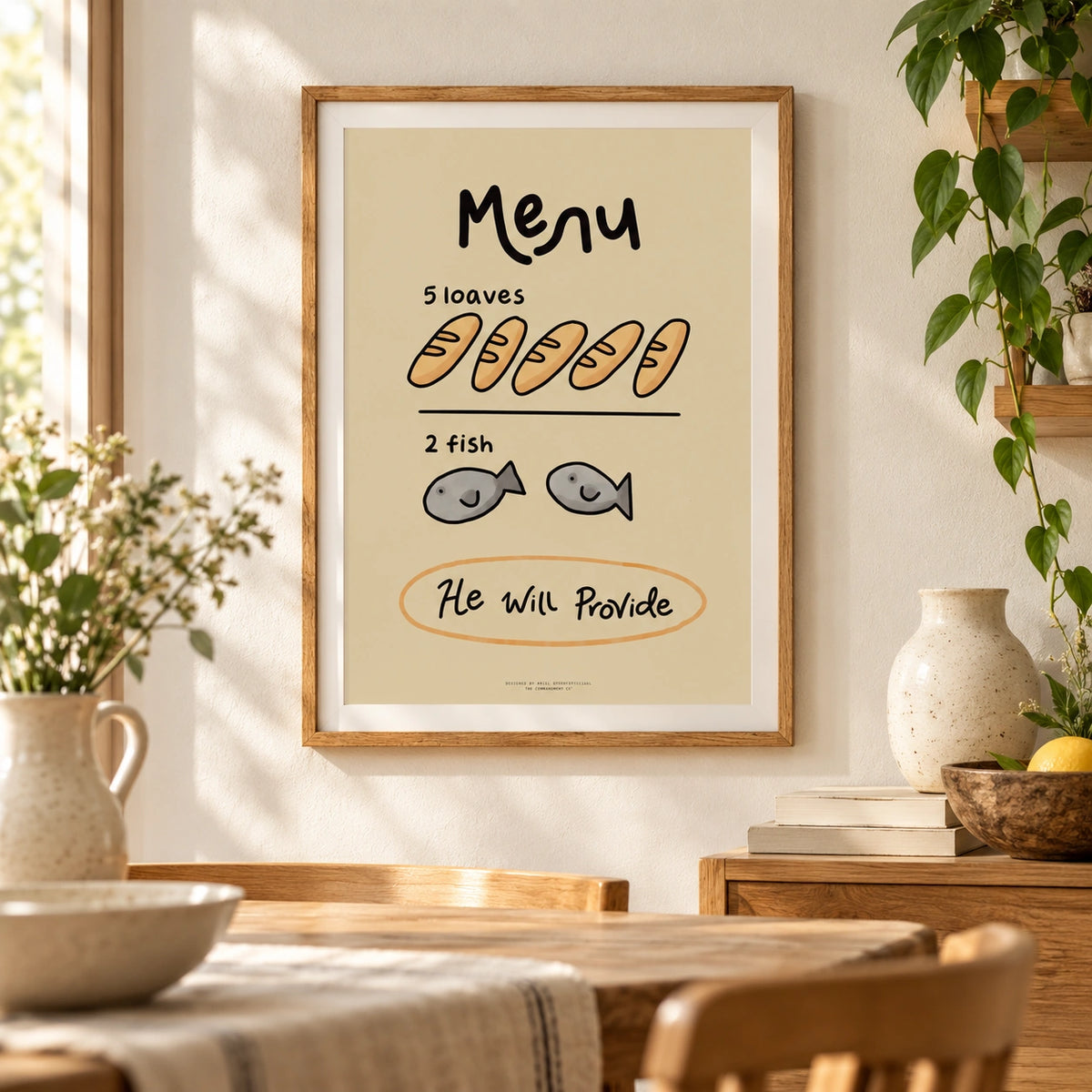 He Will Provide five loaves and two fish framed Christian poster in a bright interior
