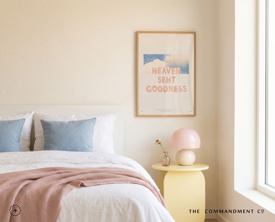 Heaven Sent Goodness Christian poster styled in a soft pastel bedroom