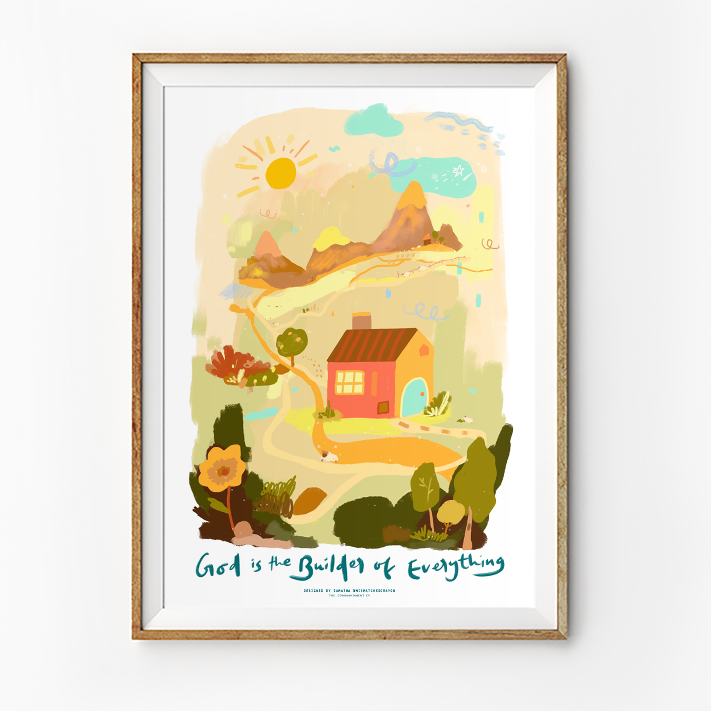 Christian poster featuring Hebrews 3:4 “God is the builder of everything,” with a bright illustrated house, mountains, and nature design.