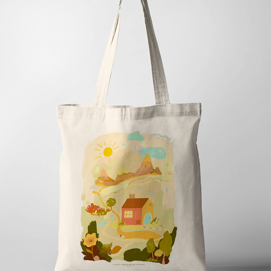 Christian tote bag featuring Hebrews 3:4 “For every house has a builder, but the one who built everything is God,” illustrated with a cozy house and sunlit mountain scenery.