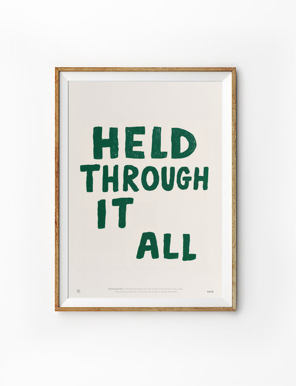 Held Through It All Christian poster in a light wood frame