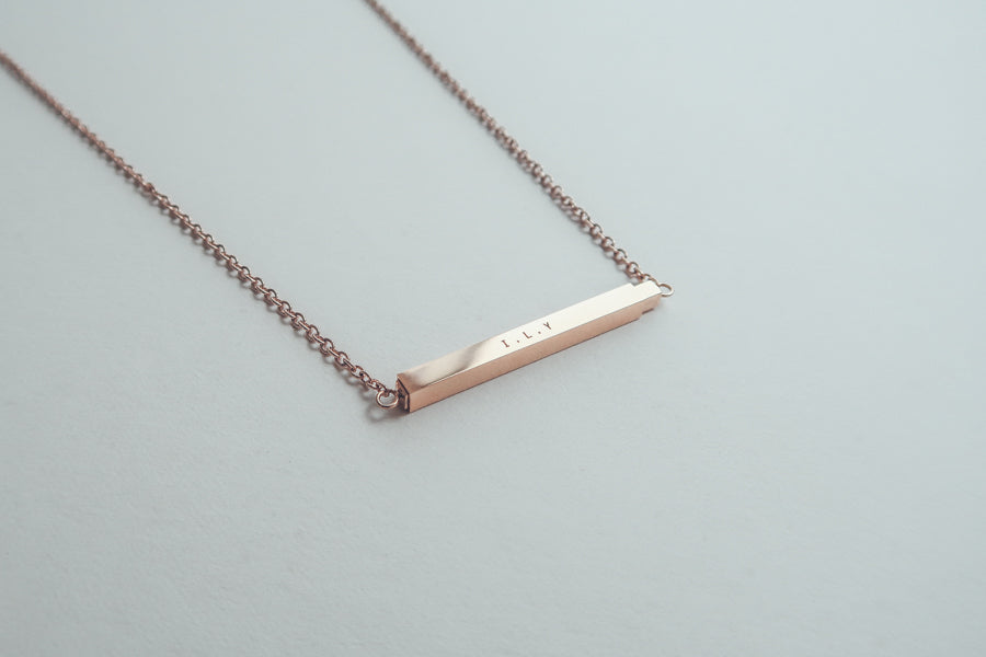 Personalised stainless-steel bar pendant necklace by J&Co Foundry.