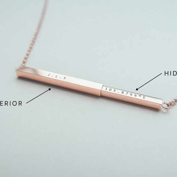Hidden engraving detail on J&Co Foundry personalised bar necklace.