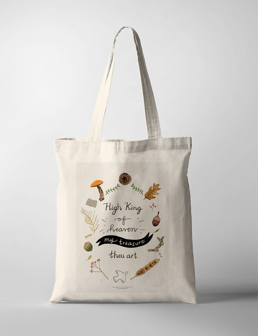 Christian tote bag featuring “High King of heaven, my treasure thou art” with nature-inspired illustrations