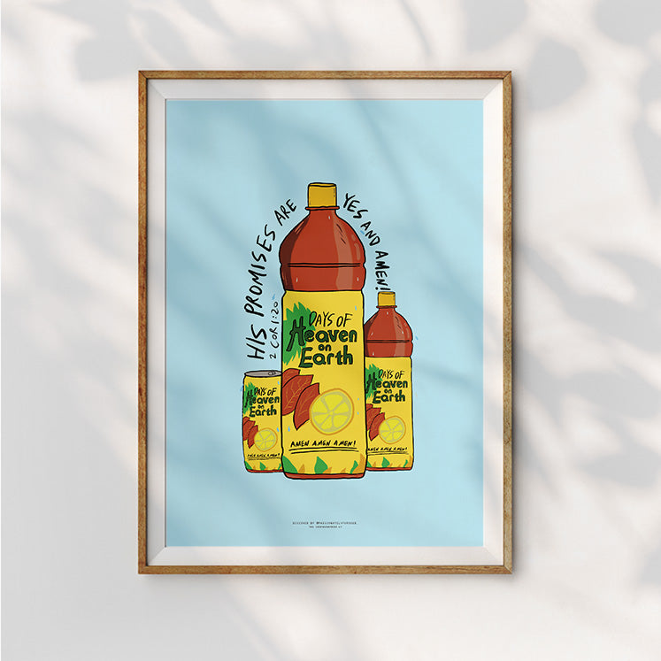 Encouraging wall art with 2 Corinthians 1:20 Bible verse 'His promises are yes and amen' and drawing of drink bottles