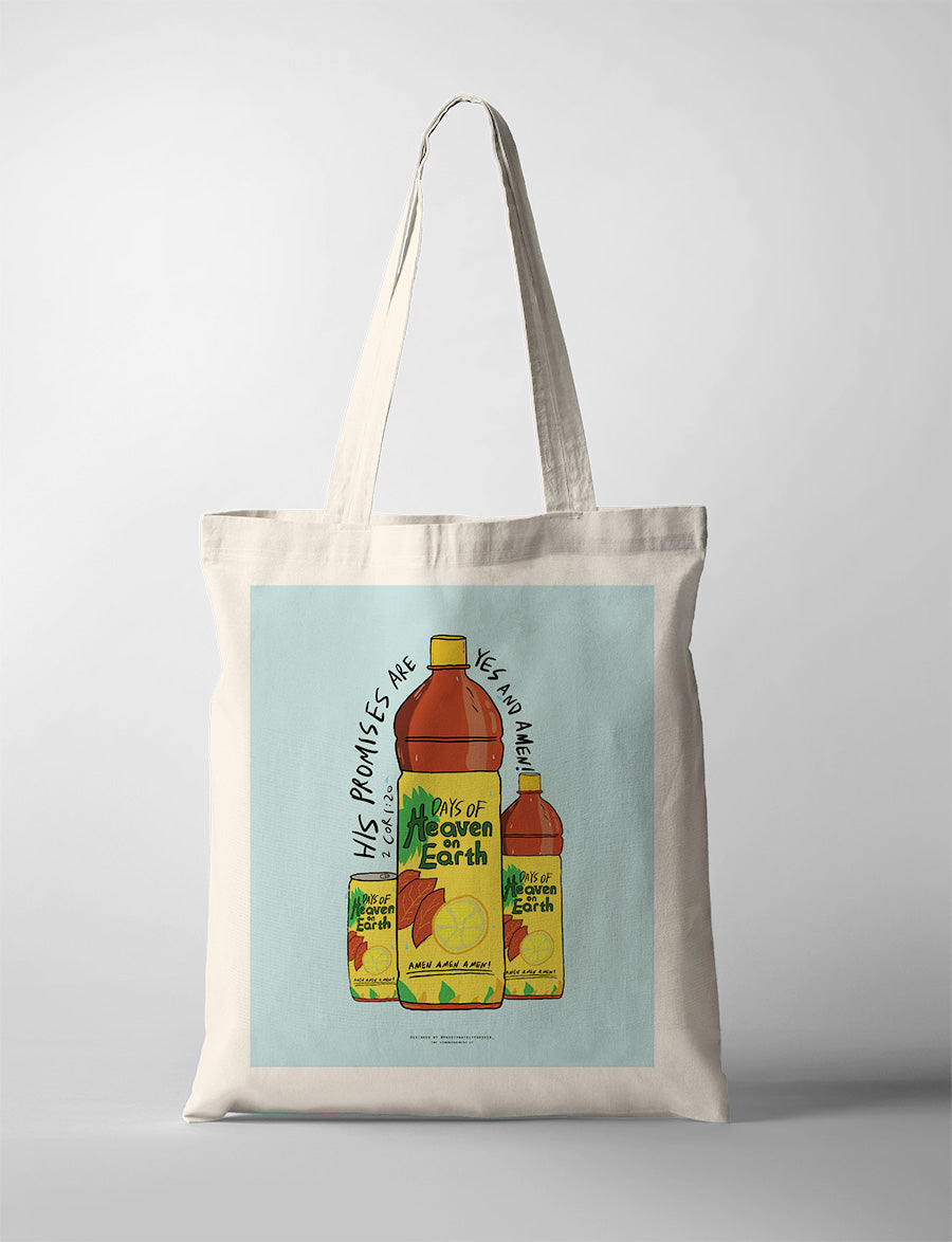 Tote bag showcasing a spiritual message with beverage bottles and the words 'His promises are yes and amen'