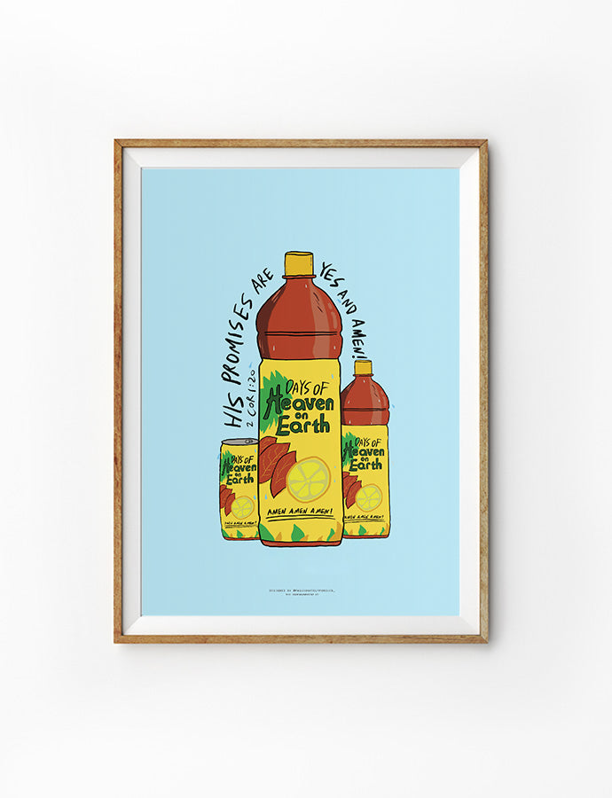 Modern framed art featuring 2 Corinthians 1:20 verse 'His promises are yes and amen' and artistic depiction of drink bottles"