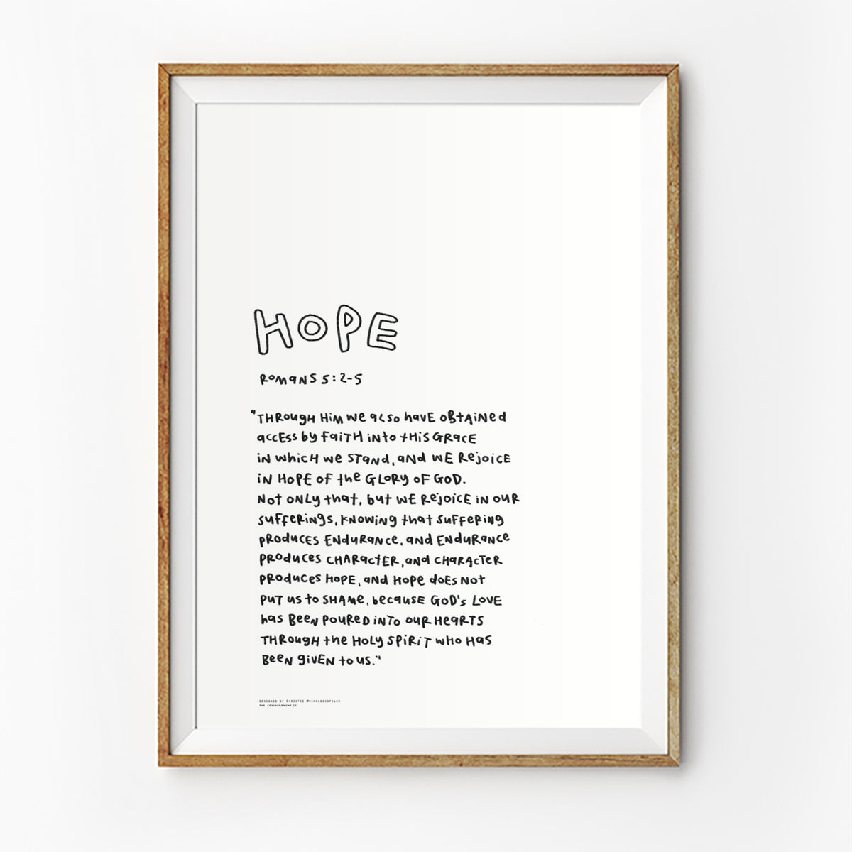 Hope Bible verse poster featuring Romans 5:2-5 in a simple handwritten style, displayed in a framed wall art mockup.
