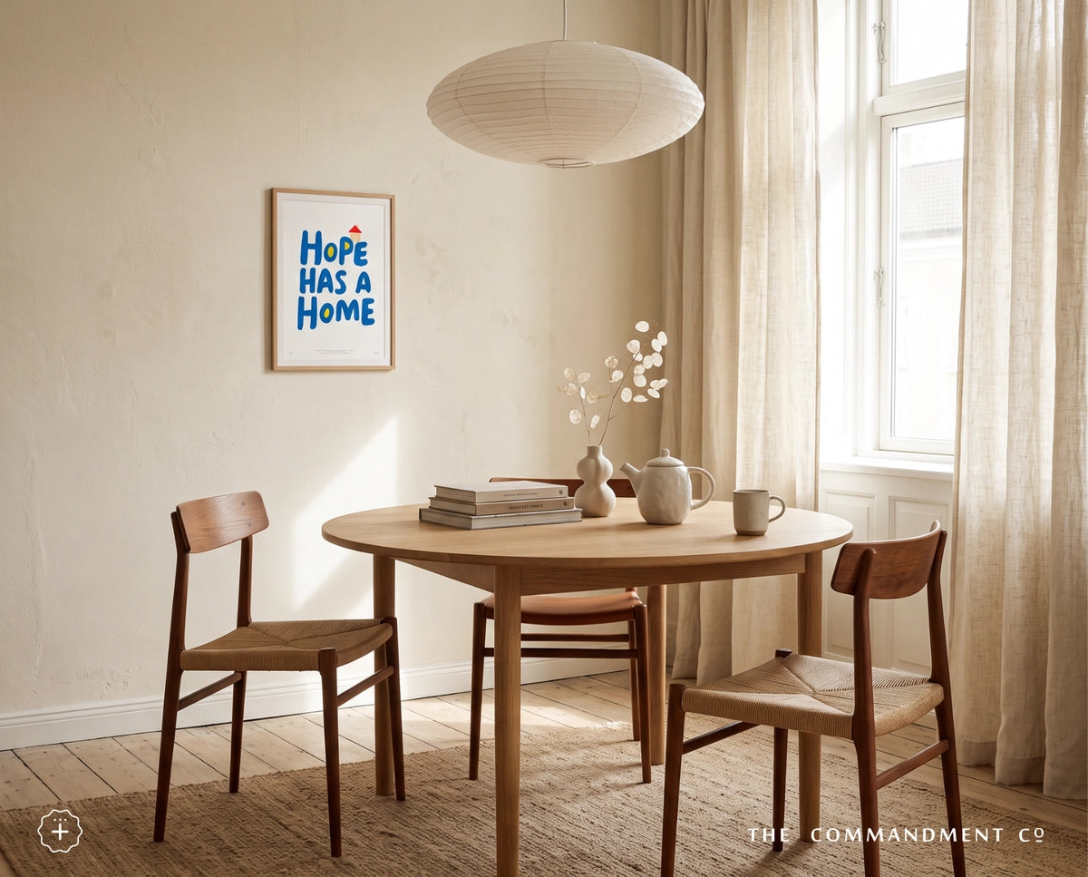 Hope has a Home poster displayed in a warm dining room with wooden table and chairs