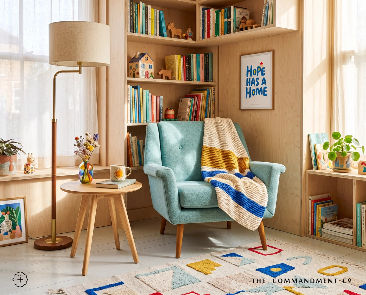 Hope has a Home poster displayed in a cosy reading corner with blue armchair and bookshelves