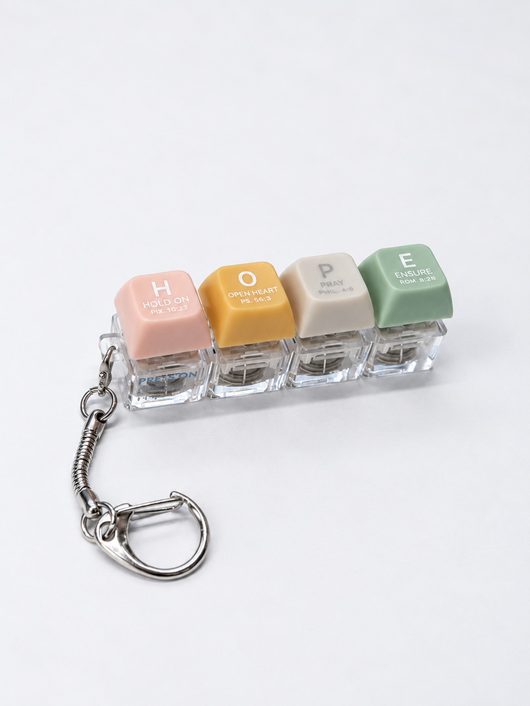 HOPE press-on light-up keycap keychain with pastel coloured keys spelling hope, featuring Scripture-inspired words on a bright white studio background.