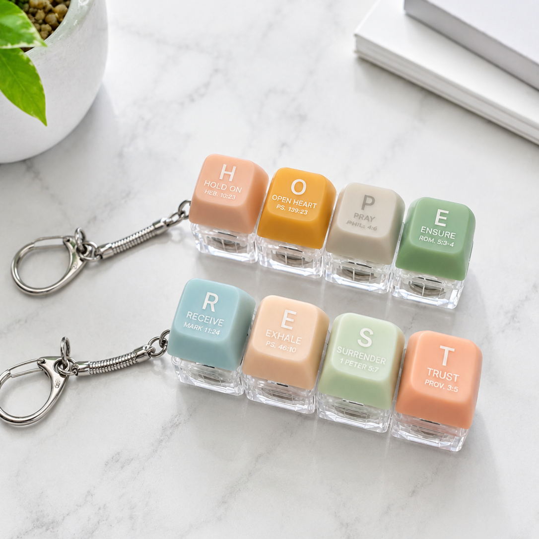HOPE and REST press-on light-up keycap keychains with pastel coloured keys, styled on a marble table with a plant and notebooks.