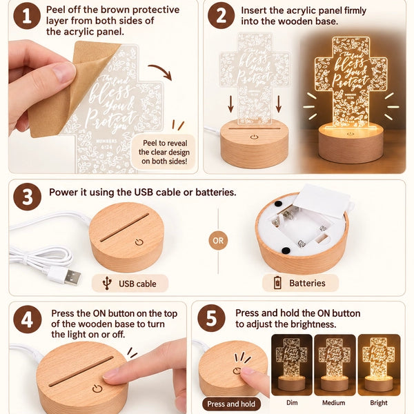 How to use your night light instruction guide showing protective film removal, wooden base setup, USB or battery power, on-off button and brightness adjustment