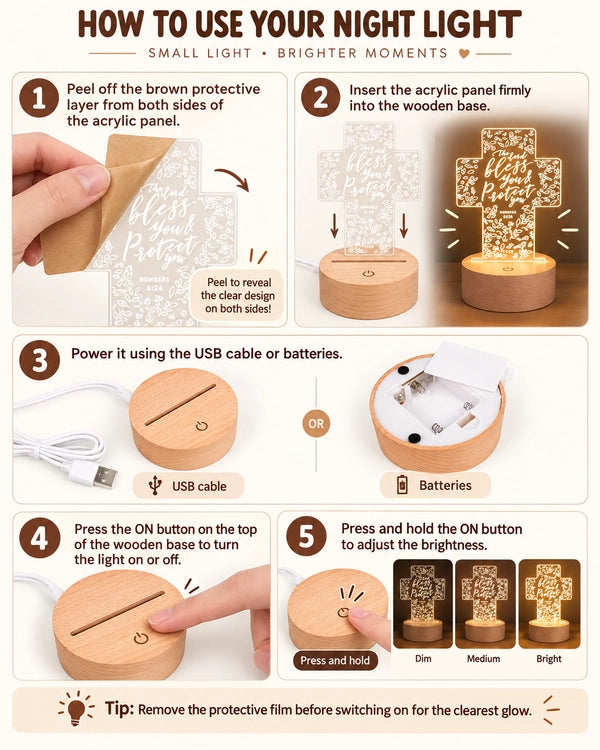 How to use your night light instruction guide showing protective film removal, wooden base setup, USB or battery power, on-off button and brightness adjustment