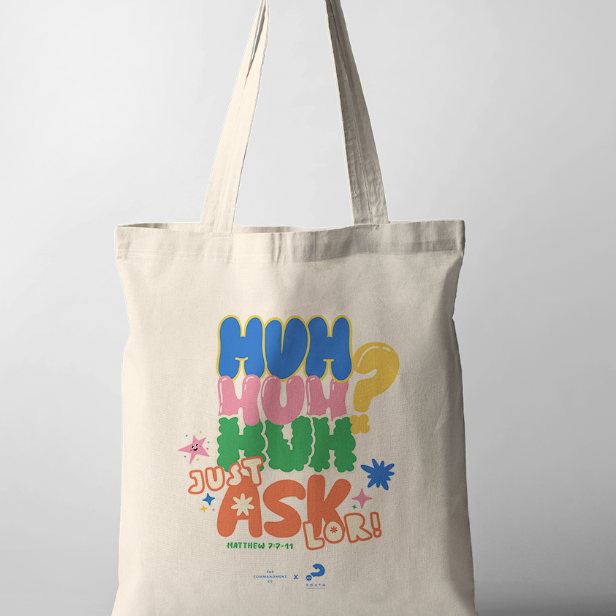 Tote Bag with the words "Huh Huh Huh Ask" – encouraging believers to ask questions about their faith in collaboration with Alpha.