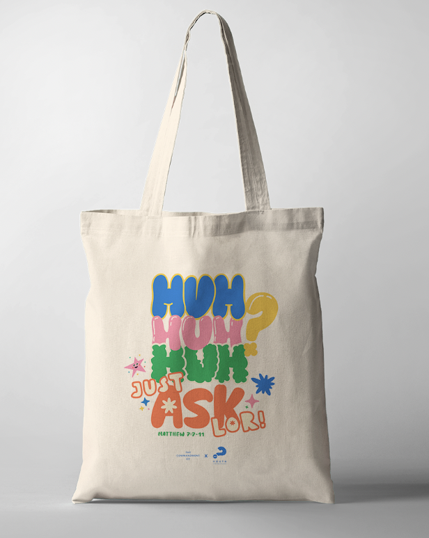 Tote Bag with the words "Huh Huh Huh Ask" – encouraging believers to ask questions about their faith in collaboration with Alpha.