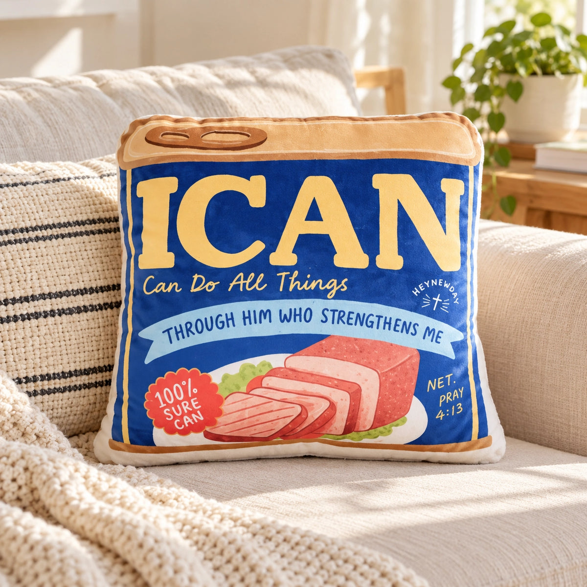 I Can Luncheon Meat Christian plush toy styled on a cosy sofa