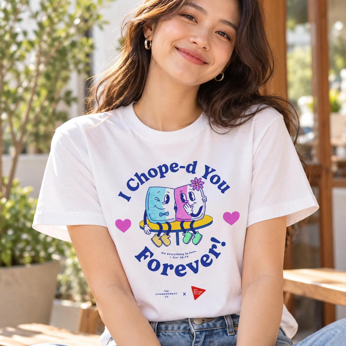 I Chope-d You Forever Christian graphic T-shirt worn with blue jeans in natural light