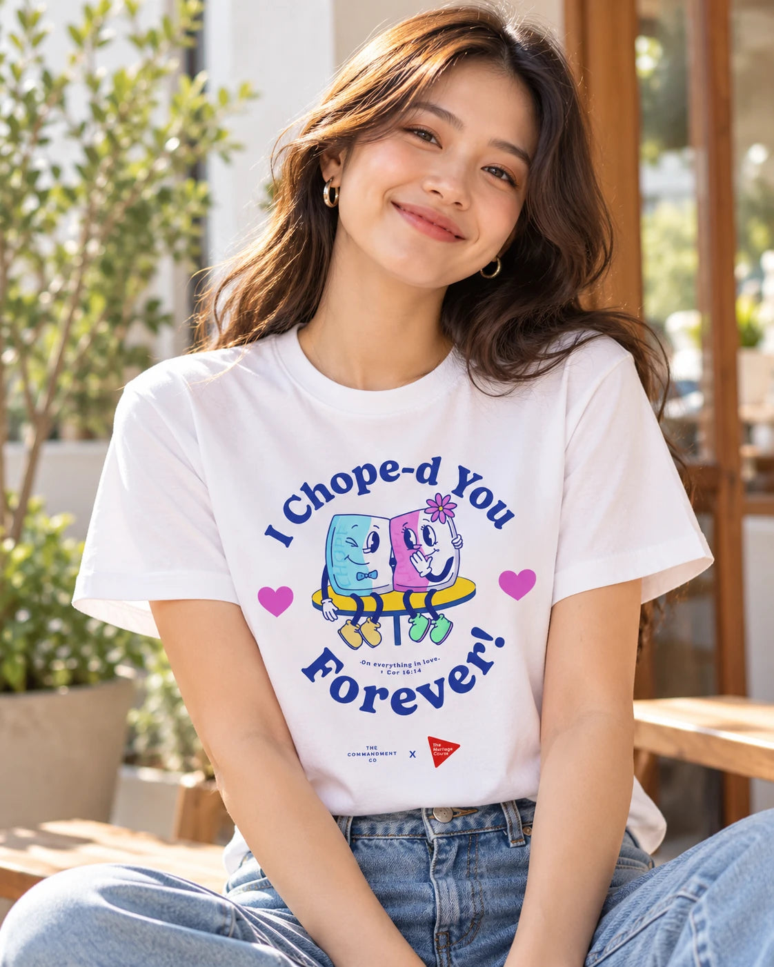 I Chope-d You Forever Christian graphic T-shirt worn with blue jeans in natural light