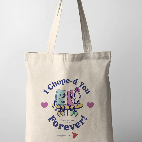 Christian couple bag with the phrase "I Chope-d You Forever" featuring two tissues — inspired by Singapore’s chope culture, celebrating lifelong commitment in marriage.