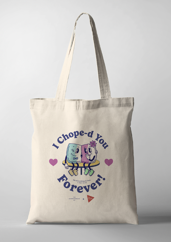 Christian couple bag with the phrase "I Chope-d You Forever" featuring two tissues — inspired by Singapore’s chope culture, celebrating lifelong commitment in marriage.