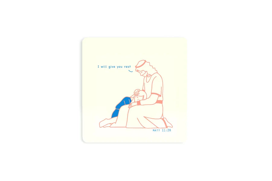 I Will Give You Rest Christian wooden coaster with Jesus comforting a child and Matthew 11:28