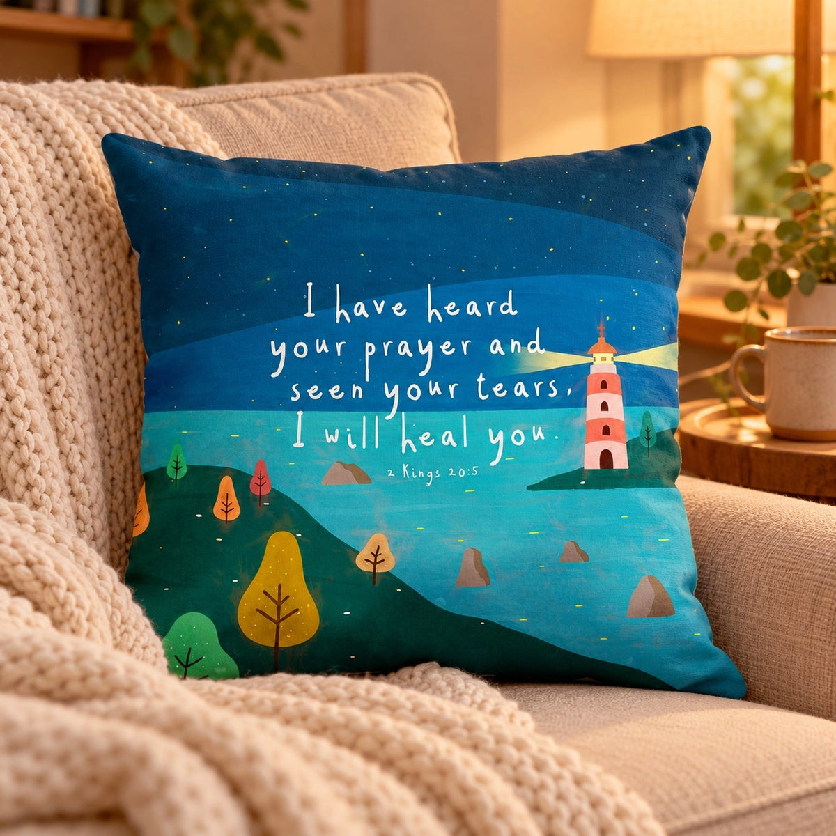 I Will Heal You Christian cushion cover with a blue lighthouse and 2 Kings 20:5 on a cosy sofa.