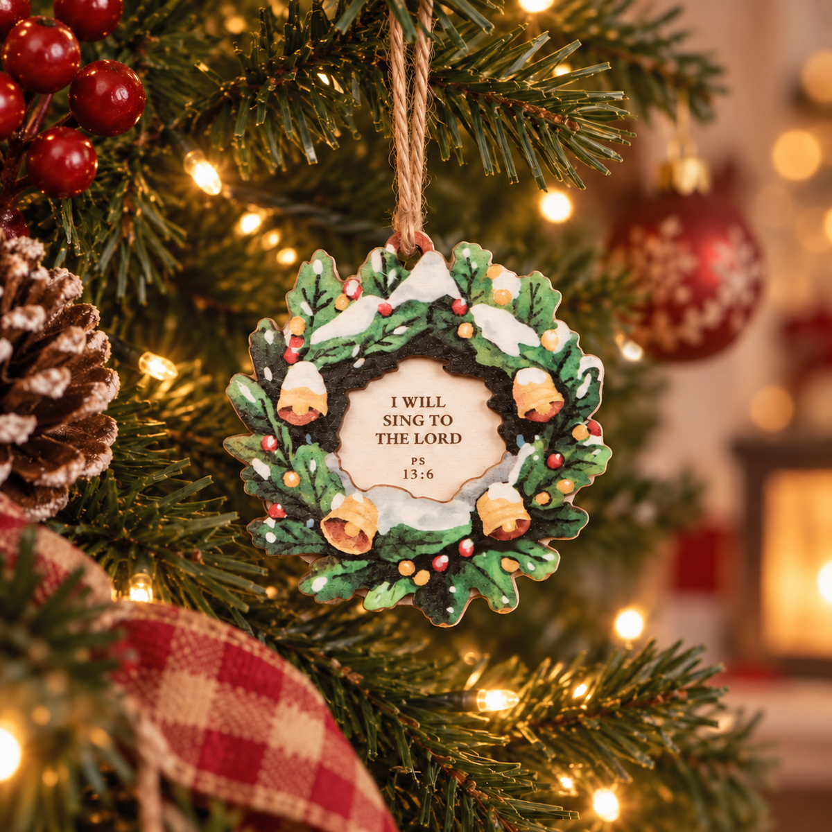 I Will Sing to the Lord Psalm 13:6 Christmas tree bauble hanging on a warmly lit festive tree.