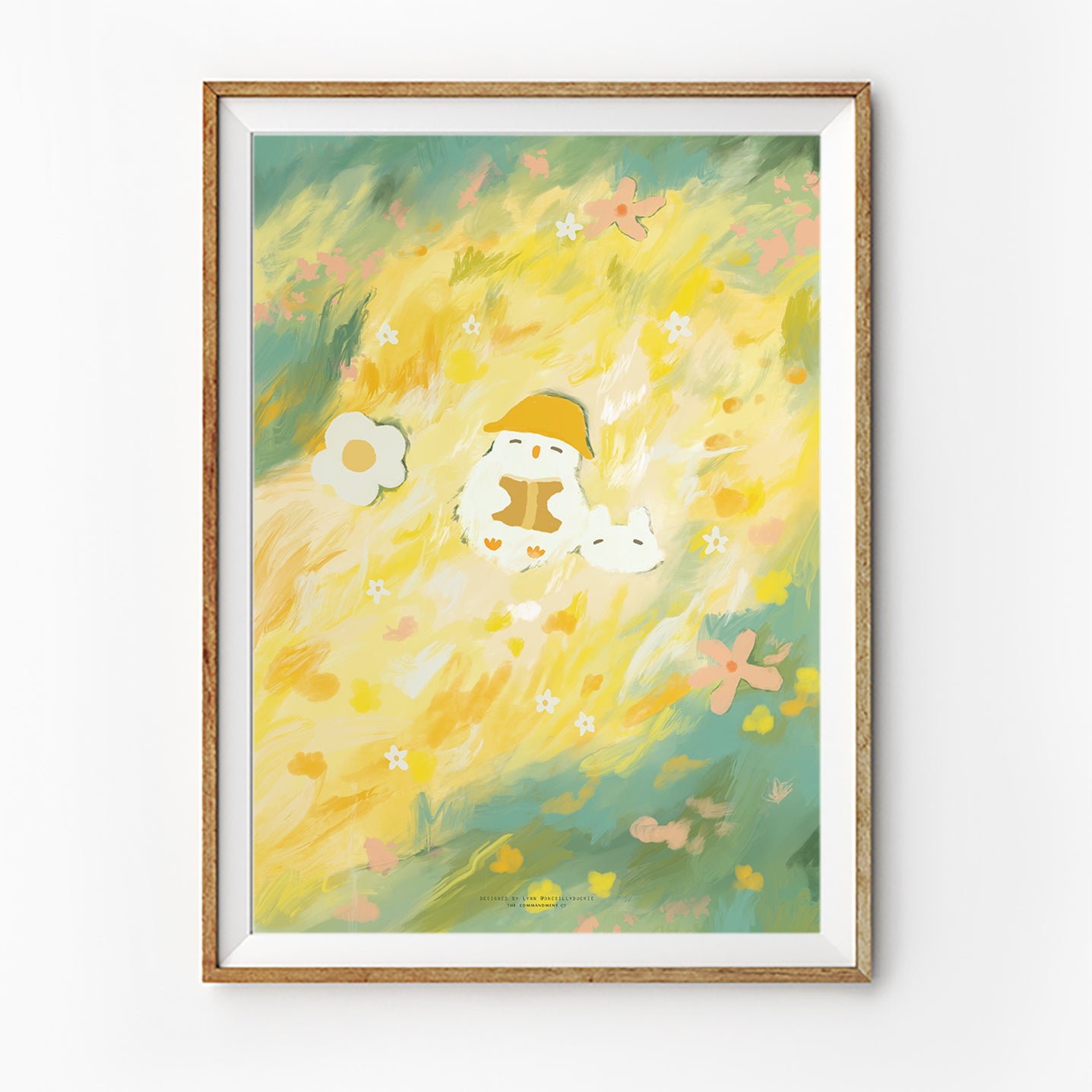 In Green Pastures Christian wall art featuring a sheep resting in soft green and yellow fields, illustrated by Onesillyduckie in collaboration with The Commandment Co, inspired by Psalm 23