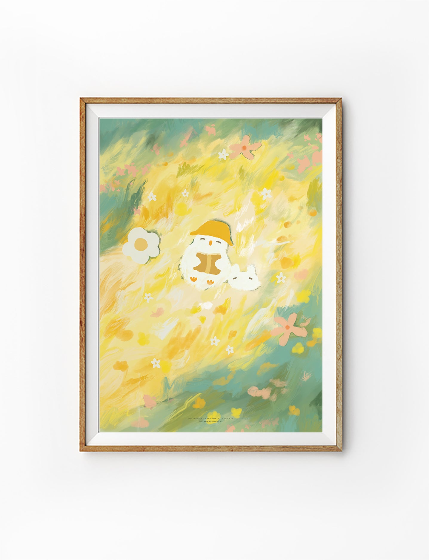 In Green Pastures Christian wall art featuring a sheep resting in soft green and yellow fields, illustrated by Onesillyduckie in collaboration with The Commandment Co, inspired by Psalm 23