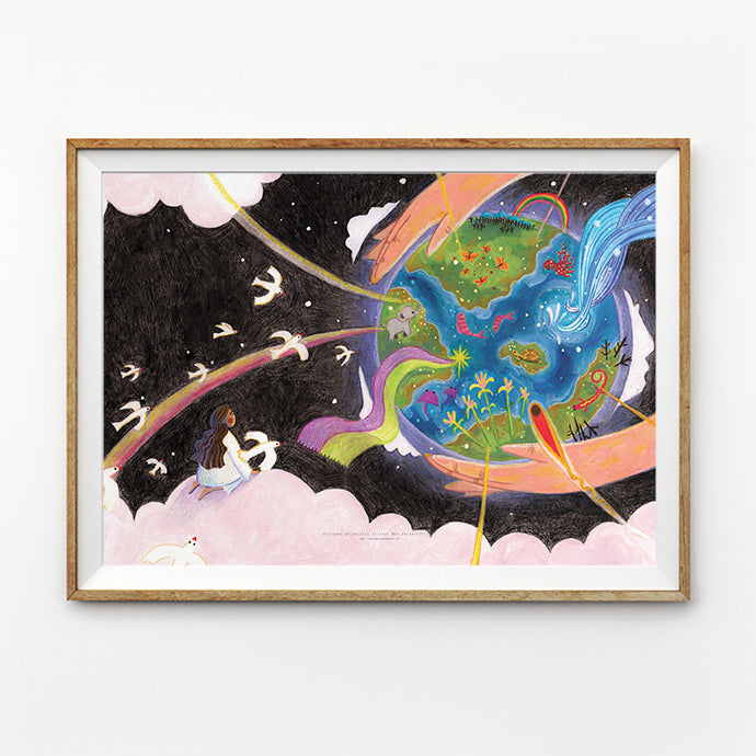 A vibrant and imaginative painting of the Earth surrounded by flowing rainbows, doves, and nature elements, representing peace and God's creation. An ideal decor piece found at a Christian Gifts Shop in Singapore.