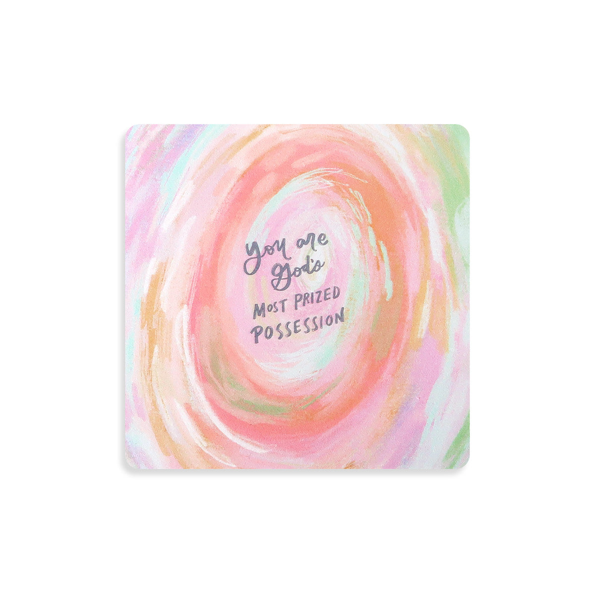 Inspirational coaster with the message 'You are God's most prized possession' in a vibrant, colorful design, perfect for faith-based home decor and gifts.