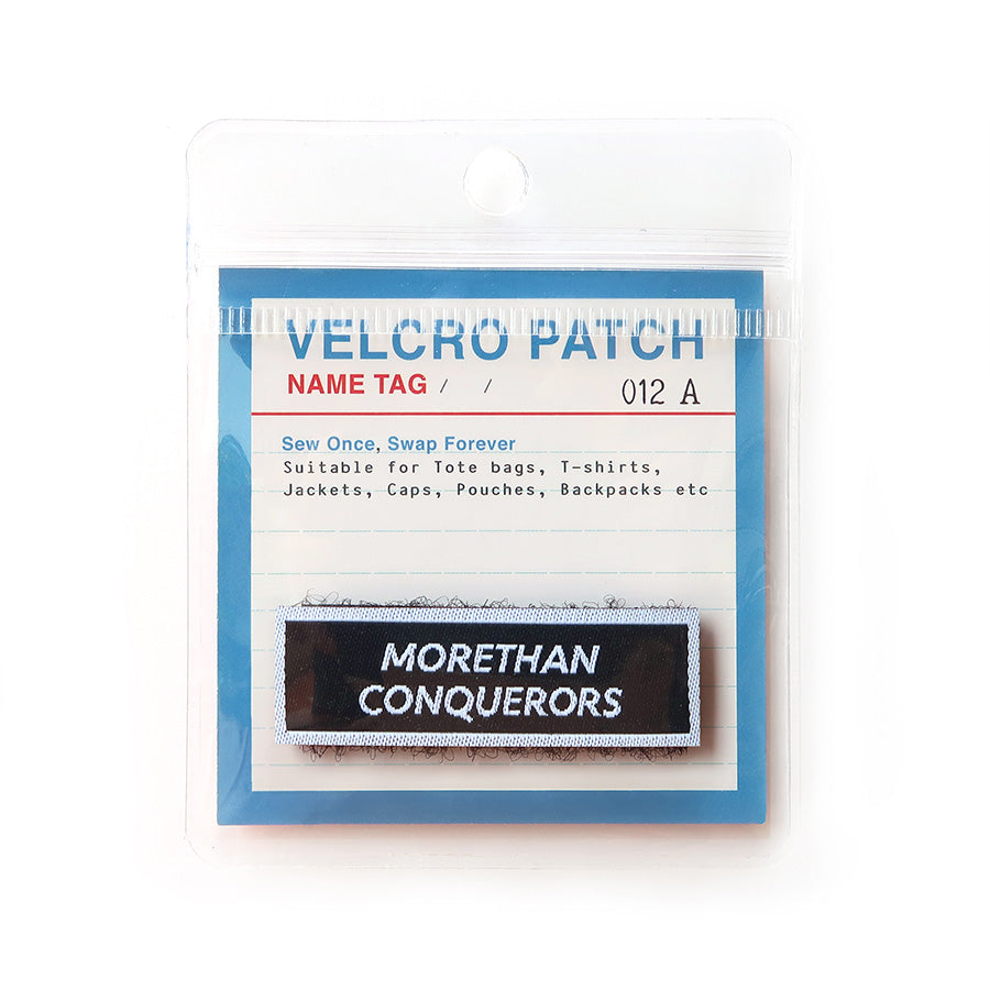 More Than Conquerors Velcro patch with an inspirational Christian message, ideal for adding faith-based encouragement to bags and jackets.