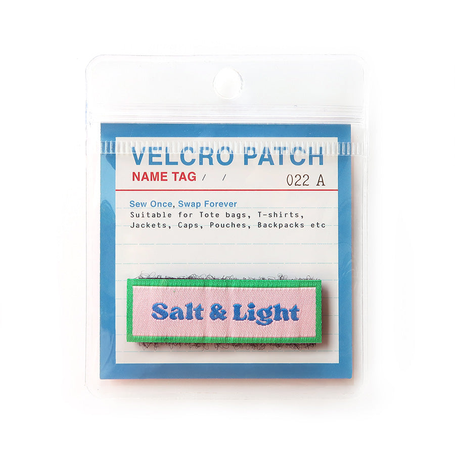 Salt & Light Velcro tag with pink and green design, featuring an inspirational Christian message for bags, jackets, and other apparel.