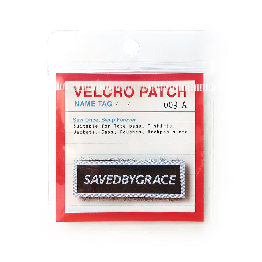 Saved by Grace Velcro patch with inspirational text, perfect for personalizing bags, jackets, and other Christian accessories.