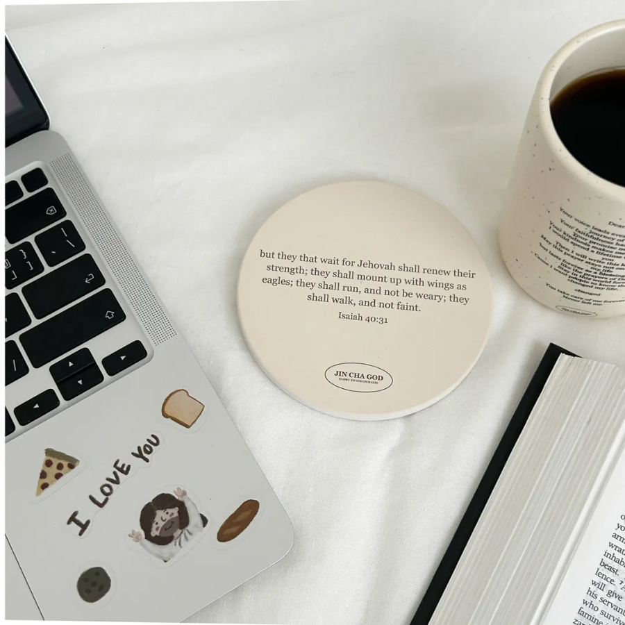 Isaiah 40:31 ceramic coaster with “Soar on Wings Like Eagles” Bible verse, Christian inspirational gift