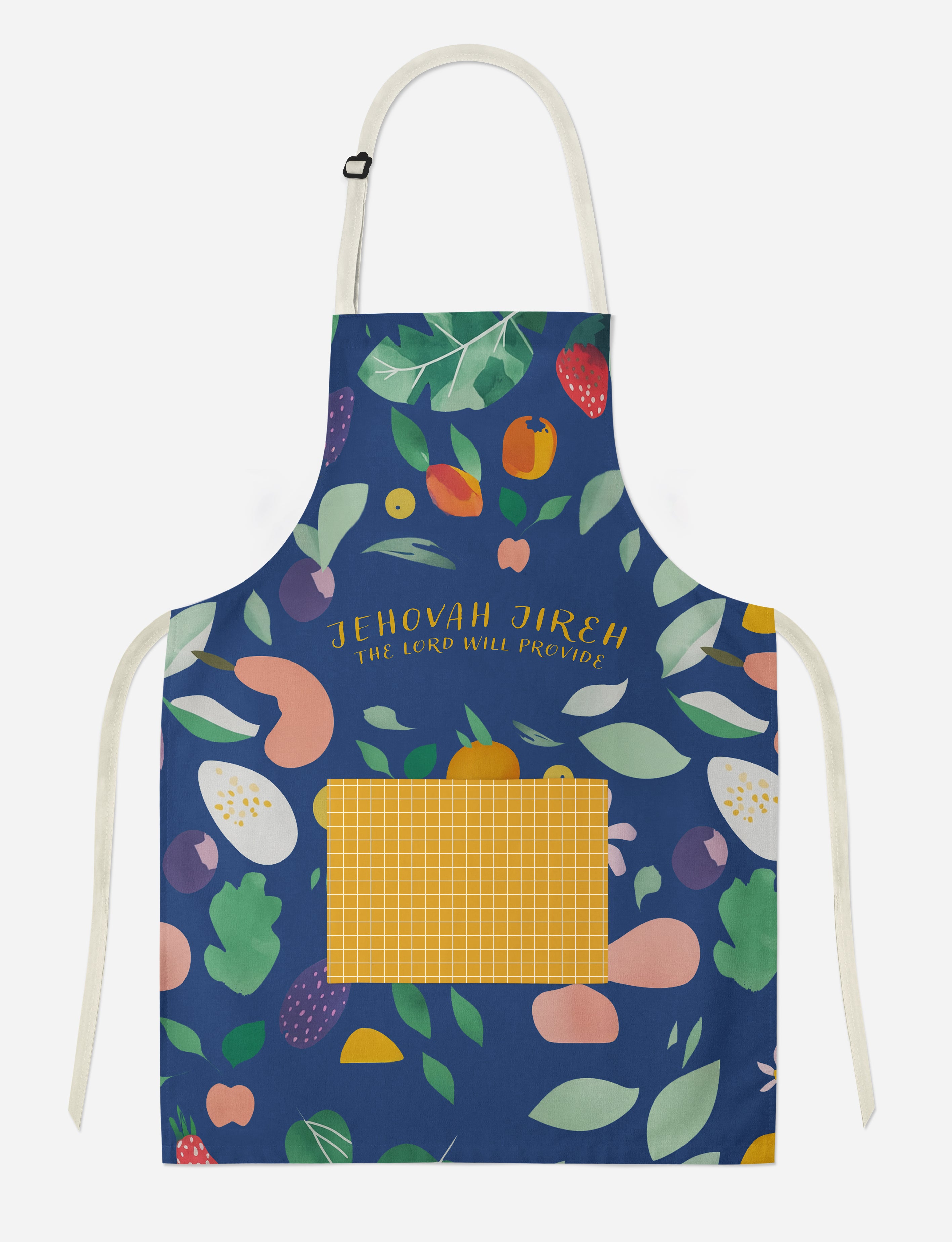 Jehovah Jireh apron featuring vibrant fruit and leaf illustrations with the uplifting message "The Lord Will Provide," embodying faith, encouragement, and simple happiness.