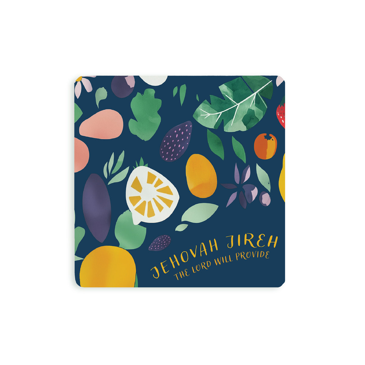 Christian coaster with colorful fruit and leaf illustrations and the phrase “Jehovah Jireh – The Lord Will Provide,” referencing Genesis 22:14