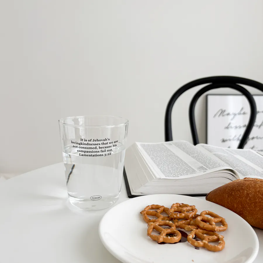 Jehovah’s Lovingkindness Christian clear glass mug with Lamentations 3:22 Bible verse.