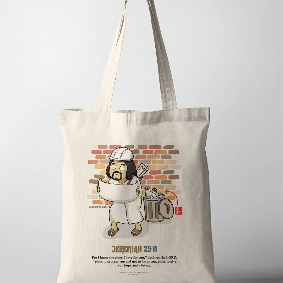 Tote bag with Jeremiah 29:11 Bible verse design about hope and future plans.