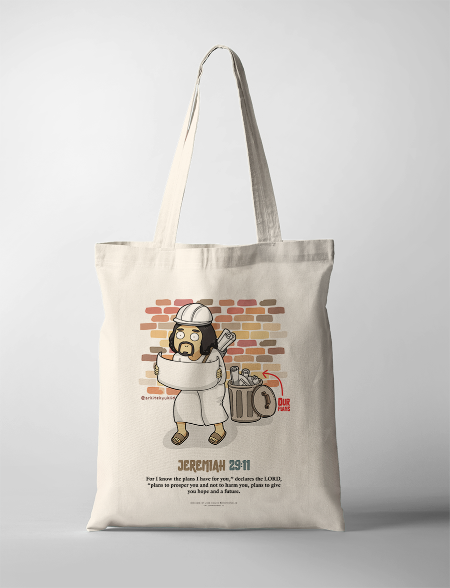 Tote bag with Jeremiah 29:11 Bible verse design about hope and future plans.