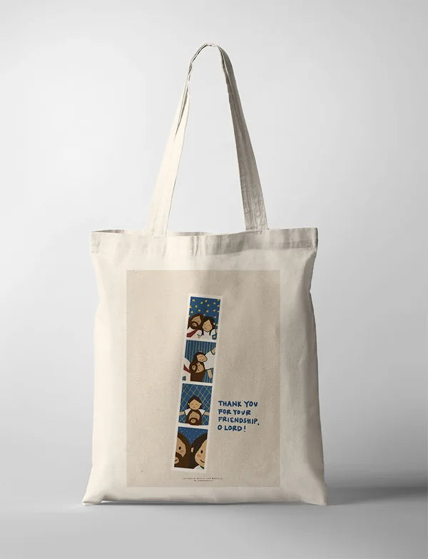 Jesus Is My Friend CollabPlus+ tote bag featuring a photostrip-style illustration of joyful moments with Jesus, designed by @nartellac