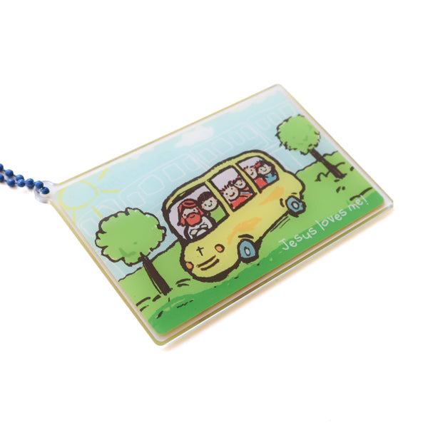 Angled view of Jesus Loves Me transport card-inspired acrylic keychain with blue ball chain