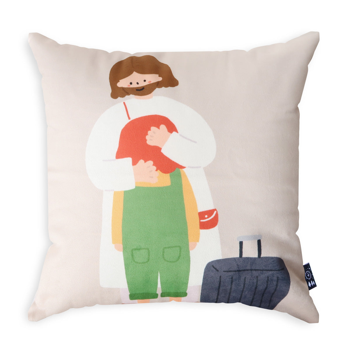 Decorative throw pillow featuring an illustration of Jesus with a child and a suitcase, themed 'Jesus My Travel Buddy,' perfect for Christian faith-based home decor and travel inspiration.